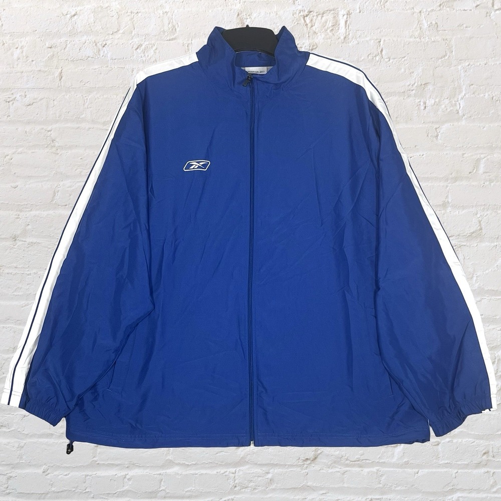 VTG Reebok Full Zip Wind Jacket Size 2XL Royal Blue White Striped Lined Logo NWT
